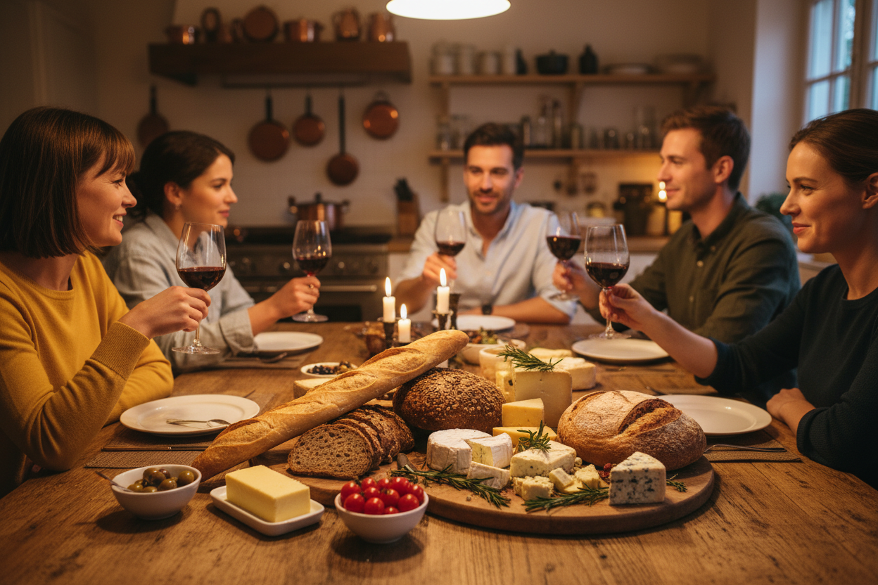 Abendbrotsituation darstellen. 6 Personen (Familie und Freunde) sitzen am Tisch zusammen und essen zu Abend. Auf dem Tisch sind 2-3 verschiedene Brote zu sehen (Ein Baguette, dunkles Körnerbrot, Sauerteigbrot. Zu essen gibt es eine Käseplatte und ein paar frische Kräuter, Tomaten und Butter. Außerdem gibt es Rotwein zu trinken. Realitätsechtes Bild mit Küche im Hintergrund. Es ist eine private Feier.