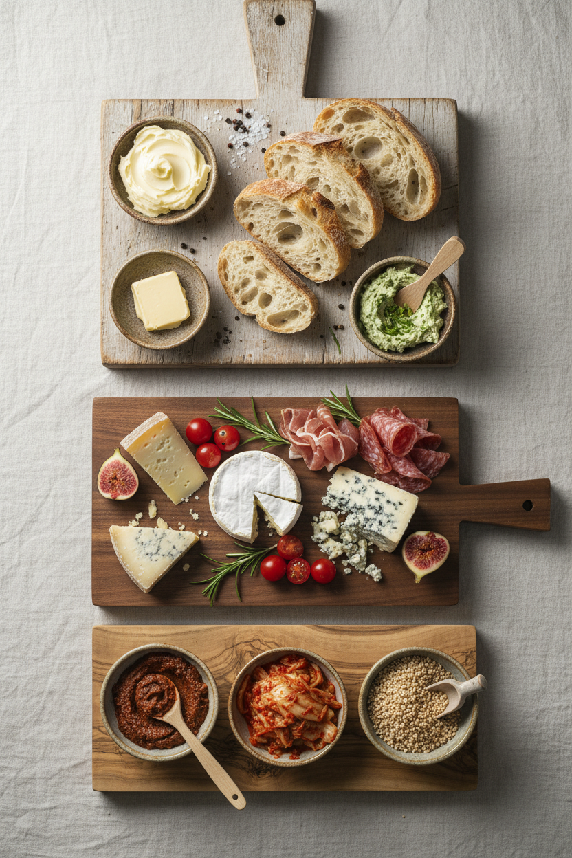 mhm ne, gerne hochkant das Bild. Mach mal ein Bild mit 3 holzbretter mit 1. Nur Brot, Butter (verschied. Variantionen (aufgeschlagen, normal und mit kräuter), Salz und Pfeffer. 2. Käse, Würst, Feigen, Rosmarin, Tomaten. 3. mit Misopaste, frischen Kimchi und Kiji. 