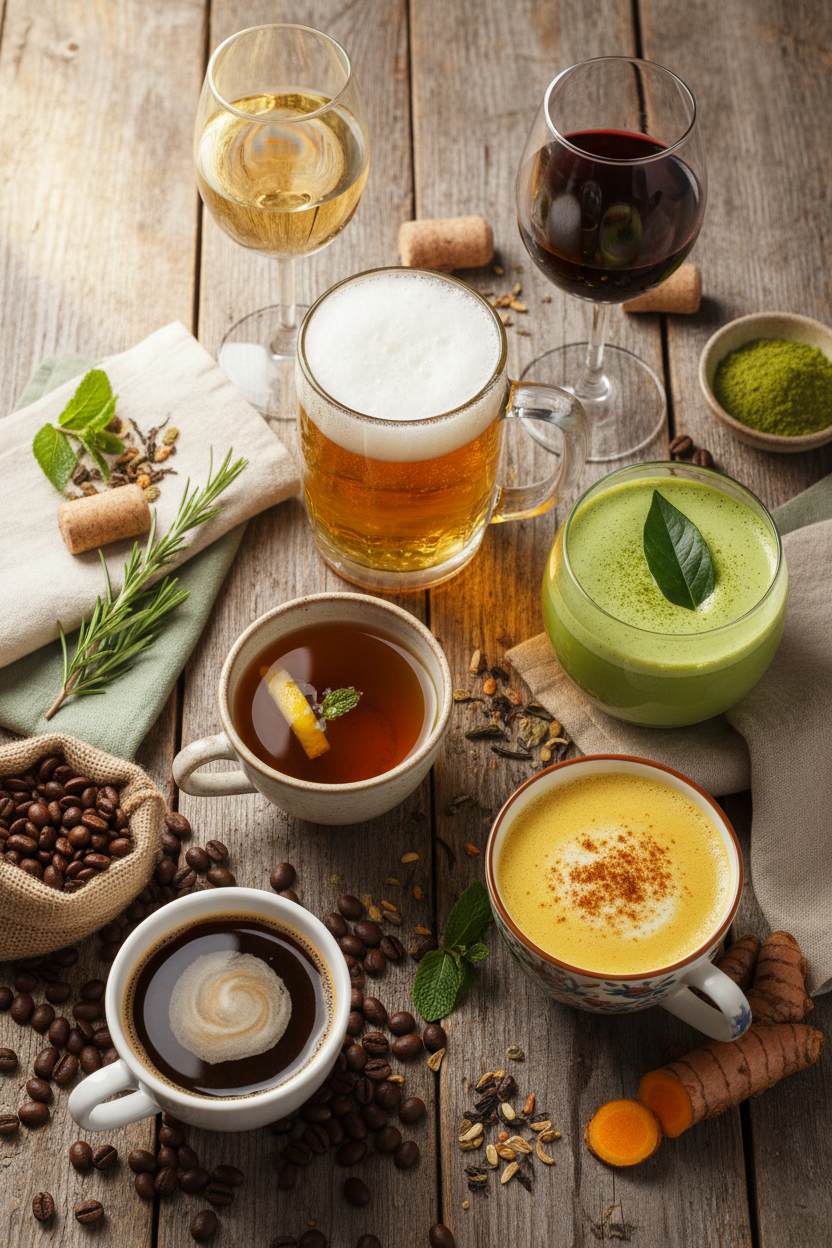 Perfekt. kannst du das bitte einmal hochkant machen? Im Matcha Glas, gerne das Holz rausnehmen und lieber ein Matcha Blatt als Deko nehmen. im Kurkuma Getränk muss auch kein Blatt drin sein. Und einen Cafe noch ergänzen als Getränk. Ansonsten top. Style gefällt mir und es sieht sehr realitätsecht aus.#
